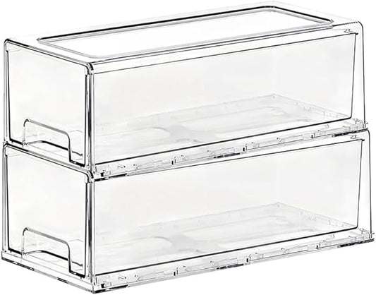 SIMPEXPE Stackable Storage Drawer, Pull Out Plastic Food Fridge Organizer Bins for Pantry Shelf Refrigerator Organization Kitchen Bathroom Cabinet Closet Office Clear -2Pack