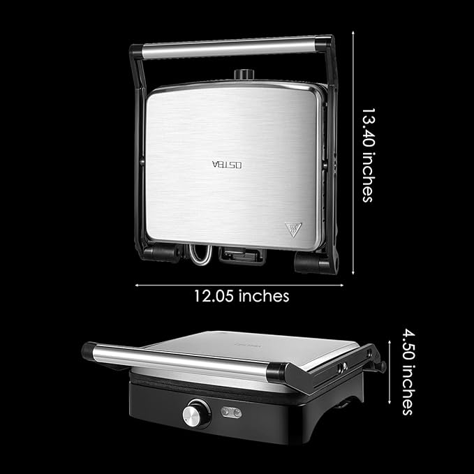OSTBA Panini Press Grill Indoor Sandwich Maker with Temperature Setting, 4 Slice Large Non-stick Versatile Grill, Opens 180 Degrees to Fit Any Type or Size of Food, Removable Drip Tray, 1200 W