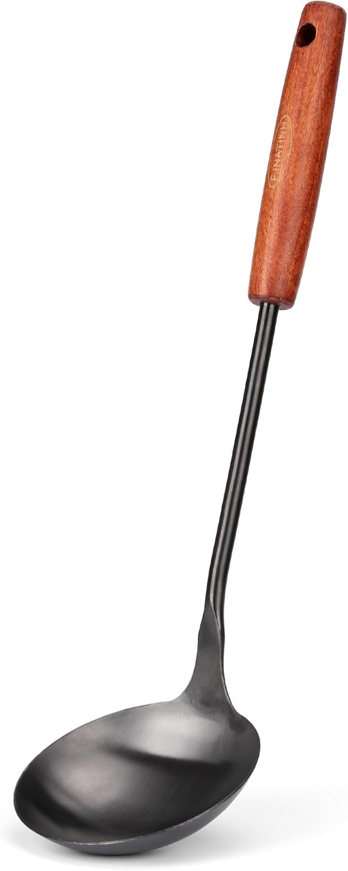 FJNATINH Soup Ladle, Food Grade 304 Stainless Steel Ladle, Large Metal Ladel Kitchen Cooking Soup Spoon Tools with Heat Resistant Wooden Handle, Integral Forming 13.8 Inches