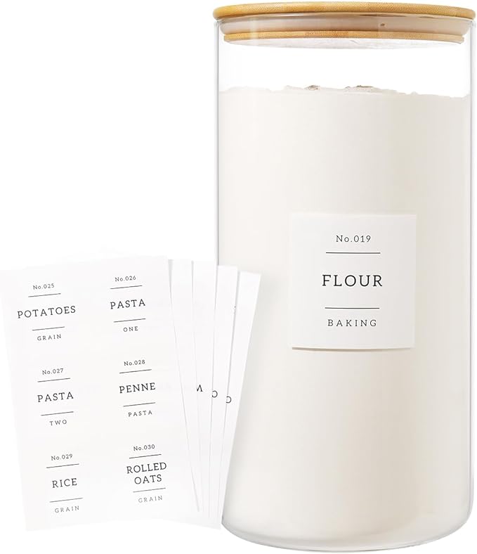 1.2 Gallon Large Glass Grain Storage Container With Airtight Bamboo Lid - Kitchen Glass Storage Jars With 42 Pantry Labels - Thicken Big Clear Rice and Flour Containers For Your Pantry