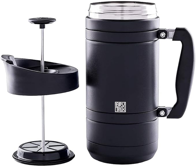 BaseCamp Coffee Press - Double Wall Insulated Stainless Steel - Bru-Stop Technology, No Grounds in Coffee, No Spill Lid (Obsidian, 48 fl.oz)