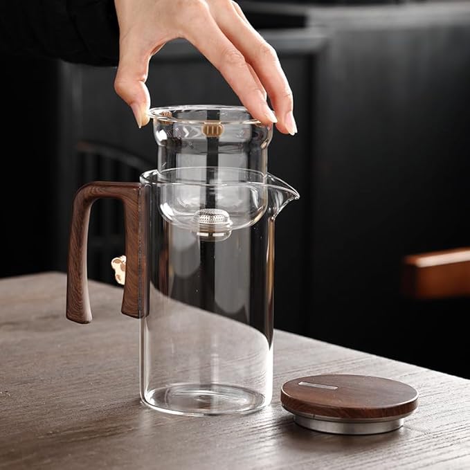 Enchanti Magic Tea Pot, 900ML Water Separation Glass Teapot with Wooden Handle, Press Control Enchanti Tea Infuser with Strainer for Loose Leaf Witchcraft Tea Kettle