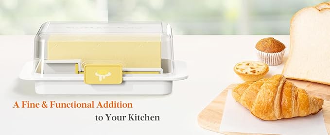 Butter Dish with Precision Spoon, Countertop and Refrigerator, Keep Butter Fresh, Easy Scoop, Plastic Butter Keeper Tray Box for East/West Coast Butter (White, Large)
