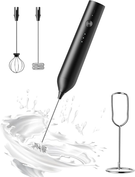 Rechargeable Milk Frother with Stand, Electric Frother Wand Handheld Coffee Foam Maker Detachable Stainless Steel Whisk Drink Mixer Foamer for Latte, Cappuccino, Hot Chocolate, Egg (Black)
