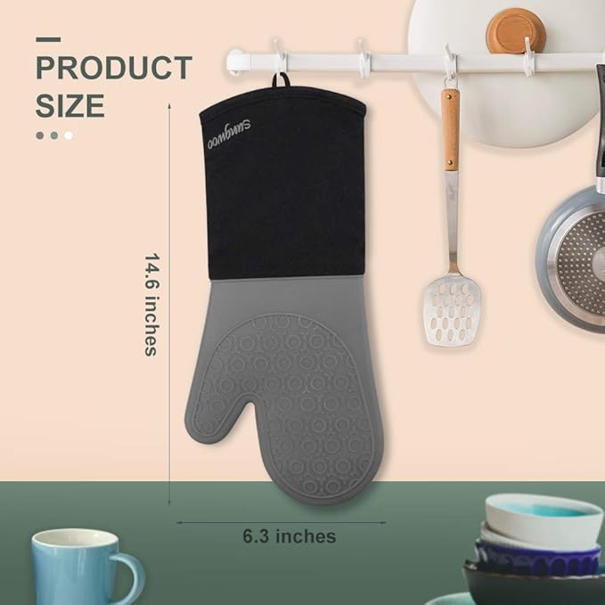 sungwoo Extra Long Silicone Oven Mitts, Heat Resistant Oven Gloves with Quilted Liner Non-Slip Textured Grip Perfect for BBQ, Baking, Cooking and Grilling - 1 Pair 14.6 Inch Grey & Black