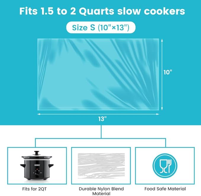 KOOC Slow Cooker Liners 10"x13" 10 count Small Size Disposable Pot Liners Cooking Bags Fit 1.5 qt to 2 qt Pot BPA Free Fresh Locking Seal Design