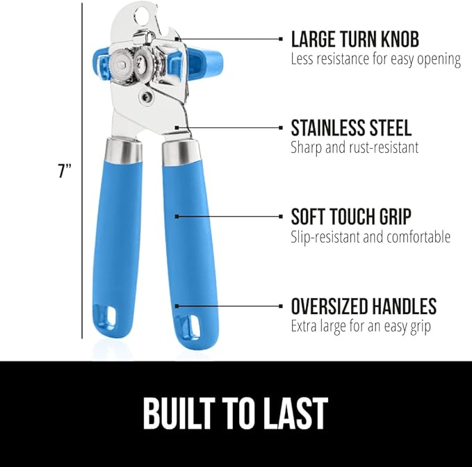 GORILLA GRIP Heavy Duty Stainless Steel Smooth Edge Manual Can Opener and Bottle Openers, Soft Comfortable Handle, Oversized Handheld Turn Knob, US Designed Multifunctional Kitchen Tool, Aqua