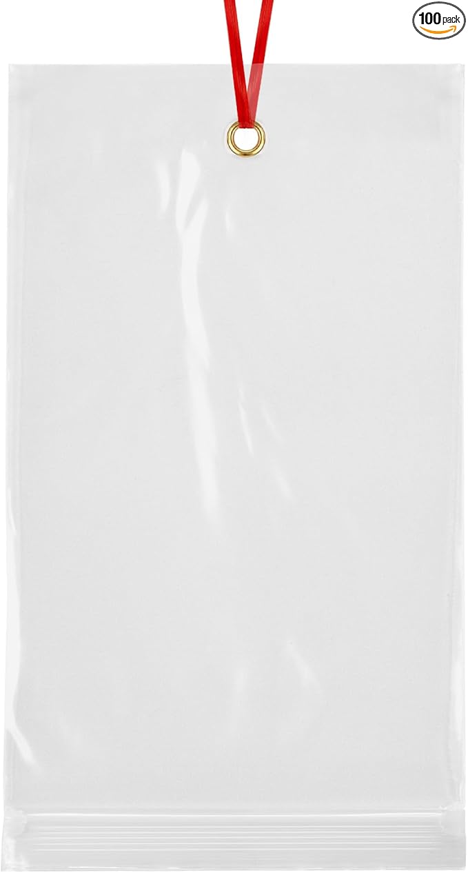 GPI - 5.75" x 11" Recloasbale Zip Bags with Bottom Hang-hole & Pre-inserted 12" Twist-tie. 4 Mil Heavy-duty Resealable Zipper Baggy with Grommet/Metal Eyelet for Hanging (Insert Size 5x9.5) 100 Pack