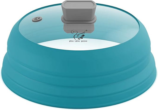 Microwave Splatter Cover Glass Cover Splatter Guard Lid with Collapsible Silicone for Food Cover Plate Cover 10.8 inch Blue