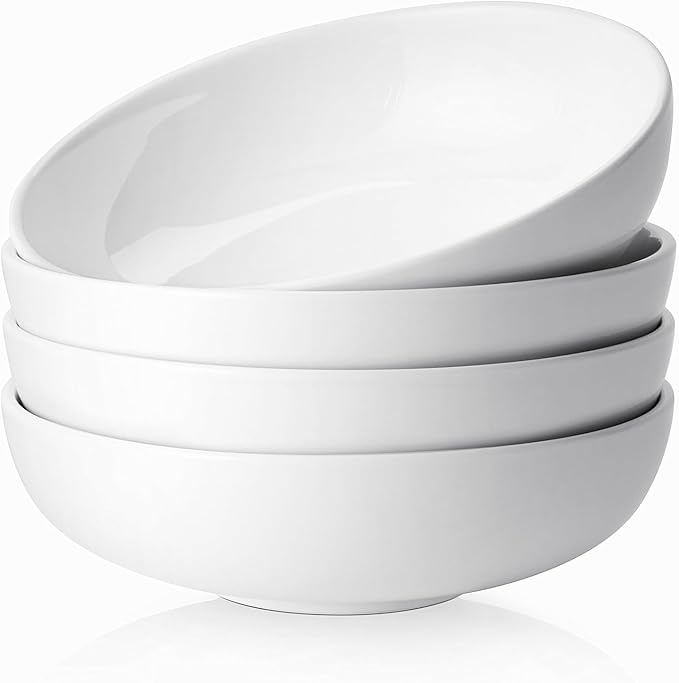 DOWAN Pasta Bowls 47 oz, Large Salad Bowls 2.5" Deep Soup Bowls, Porcelain Serving Bowls Set of 4, Big Kitchen Dinner Bowl Plates Pasta Plates, Microwave & Dishwasher Safe, Creamy White
