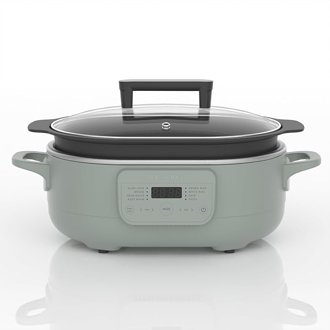 MAGNIFIQUE 6 Quart Multi-Cooker, with 8-in-1 Casserole Programmable Slow Cooker, Dutch Oven, Pasta, Nonstick, Oven Safe Pot to 500°F Olive Olive
