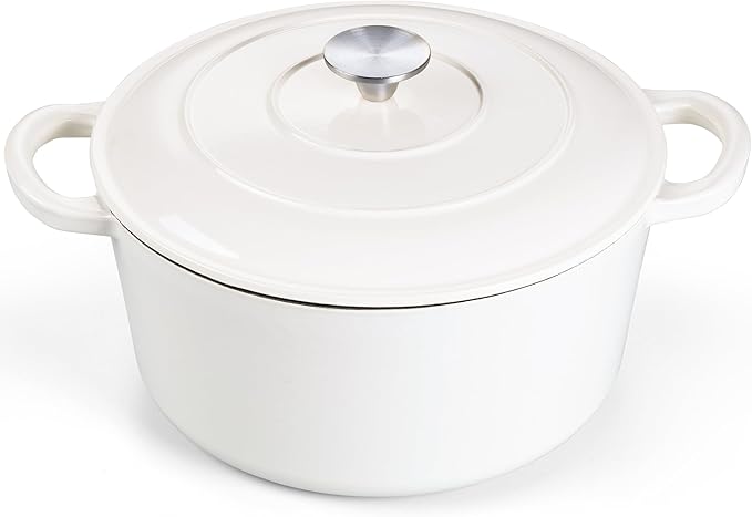 E-far Dutch Oven Pot with Lid, 5 Quart Enameled Cast Iron Round Dutch Oven Stockpot for Bread Baking/Braising/Cooking/Roasting/Stewing, Heavy Duty Nonstick Cookware Safe for Induction & Oven - White
