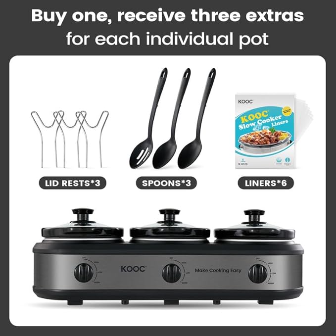 KOOC Triple Slow Cooker Buffet Server and Food Warmer 3x1.5 Quart Individual Temp Control With Lid Rests & Spoons With Liners Included Grey