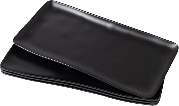 Melamine Rectangular Serving Platters and Trays set, set of 4,14” x 7” Matte Black Party Platter for Serving Food, Salad, Cheese and Fruits, Dishwasher Safe Trays/Platters for Entertaining