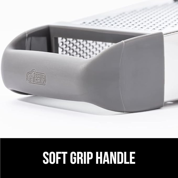 GORILLA GRIP 4-Sided 100% BPA-Free Cheese Grater With Container, Stainless Steel XL Box Graters, Parmesan Shredder, Grate Cheeses, Shred Veggies, Slip Resistant Handle, Dishwasher Safe Zester, Gray
