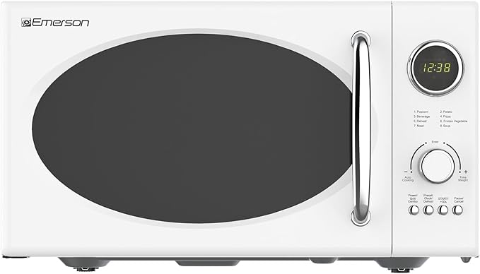 Emerson MWRG0901W Retro Microwave with 1,000W Grill Function 800W Cooking, LED Display, 5 Power Levels, 8 Auto Menus, Glass Turntable, Child Lock, 0.9 Cu. Ft, White Countertop Design