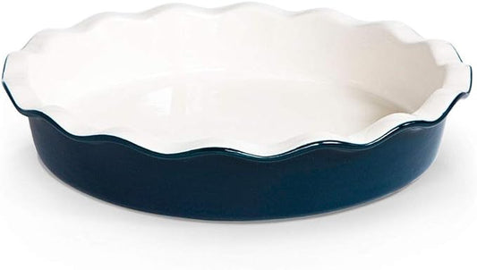 KooK Deep Dish Pie, Pecan Dessert Dish, Porcelain, Ceramic, Deep Dish Plate 10 Inch, Apple Pie, Ruffled Wave Edge, Reusable Round Pan, Oven and Dishwasher Safe, 44 Oz (Navy)