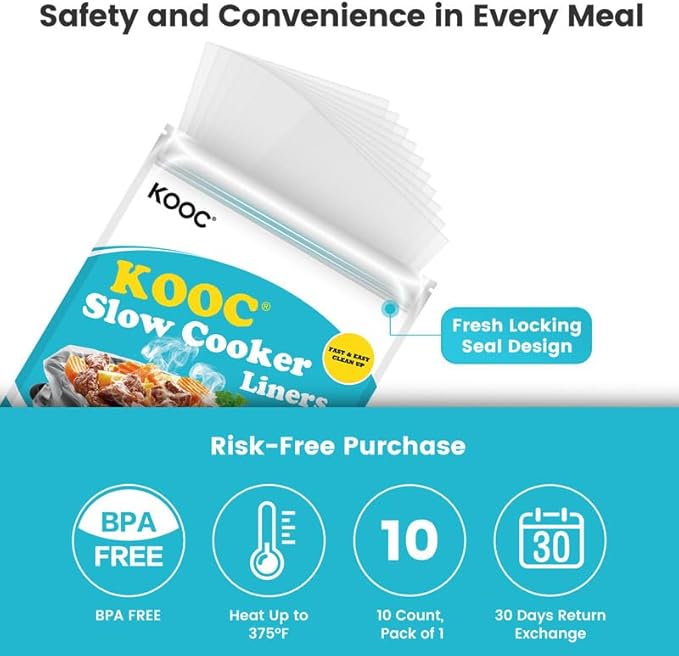 KOOC Slow Cooker Liners 10"x13" 10 count Small Size Disposable Pot Liners Cooking Bags Fit 1.5 qt to 2 qt Pot BPA Free Fresh Locking Seal Design