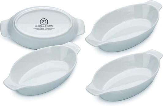 Heartland Home Porcelain Mini Casserole Dish Oval Au Gratin Dish (4pc Set). Cauliflower Baking Dish, Banana Split Bowls, Single Serving Dishes, Small Individual Gratin Dishes Set