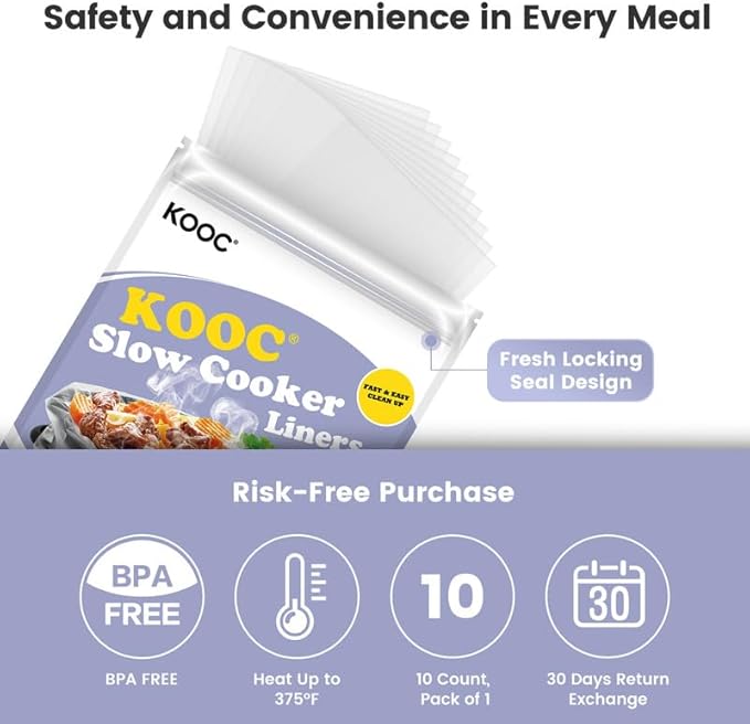 KOOC Slow Cooker Liners 8"x11" 10 Count Mini Size Disposable Pot Liners Cooking Bags Fit 0.65 qt to 1.25 qt Pot BPA Free Fresh Locking Seal Design