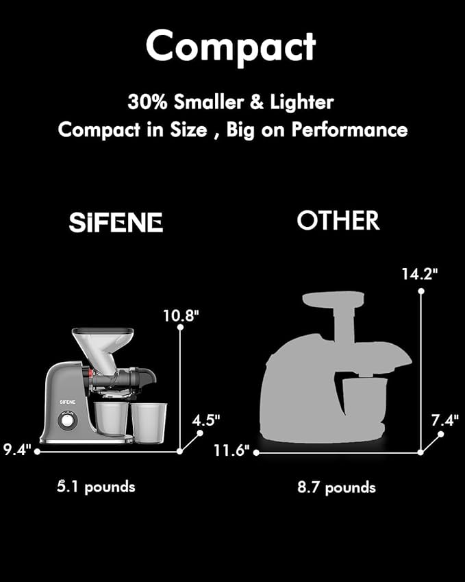 SiFENE Cold Press Juicer Machine, Compact Single Serve Slow Masticating Juicer, Vegetable and Fruit Juice Extractor Maker Squeezer, Easy to Clean, Non-BPA, Grey