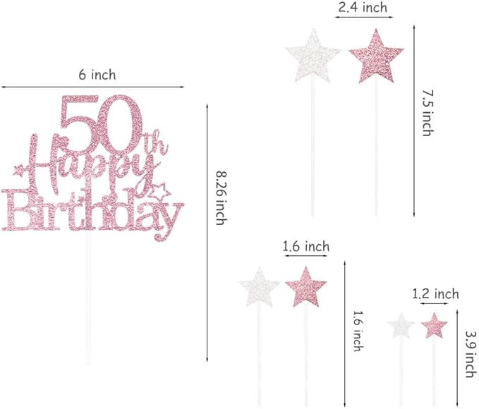 Glittery 50th Happy Birthday Cake Topper with Star,Personalised 50 Birthday Cake Toppers Party Decorations Party Supplies for Men Women Rose Gold