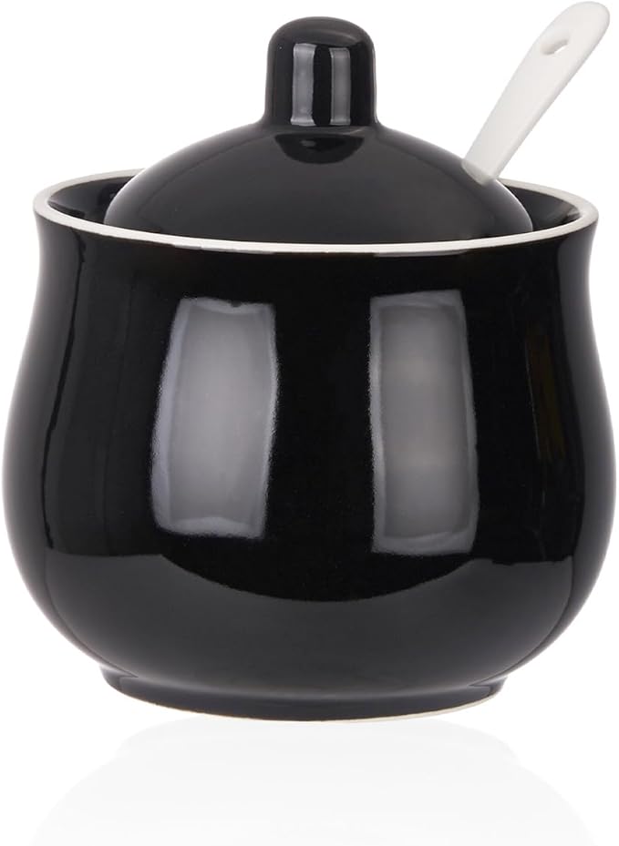 Ceramic Sugar Bowl with Lid and Spoon, Black Porcelain Sugar Salt Pepper Storage Jar, 8 Ounces