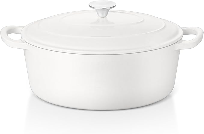 E-far 5QT Oval Dutch Oven Pot with Lid, Enameled Cast Iron Dutch Oven with Dual Handles for Sourdough Bread Baking Cooking, Nonstick Enamel Coated Cookware(White), Non-Toxic & Easy Clean