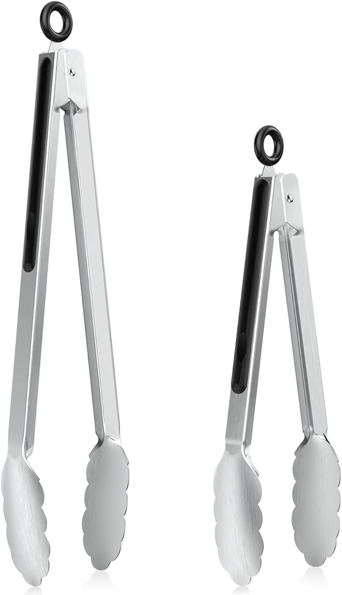 NileHome Tongs for Cooking, Professional Stainless Steel Cooking Tongs – Heat-Resistant for Grilling, BBQ, Serving Salad, Pasta, and Kitchen Use, Dishwasher Safe, Set of 9" 12", Silver