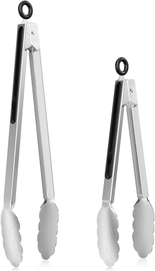 NileHome Tongs for Cooking, Professional Stainless Steel Cooking Tongs – Heat-Resistant for Grilling, BBQ, Serving Salad, Pasta, and Kitchen Use, Dishwasher Safe, Set of 9" 12", Silver