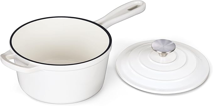 1QT Sauce Pan, Onader Enameled Cast Iron Saucepan Dutch Oven Pot with Lid, Small Cooking Sauce Pot, Nonstick & Oven Safe – White