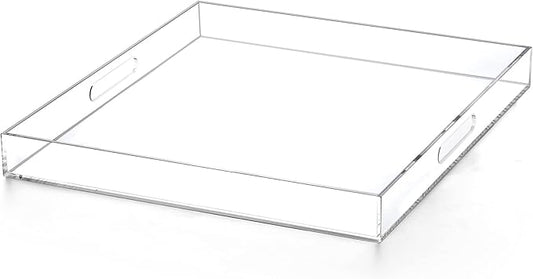 Clear extra large Ottoman Tray with Handles 18"x18"x2" Spill proof Acrylic Serving Tray Organizer Tray Decorative safe edge tray For Living Room Entryway Bedroom Kitchen Coffee Table coutertop