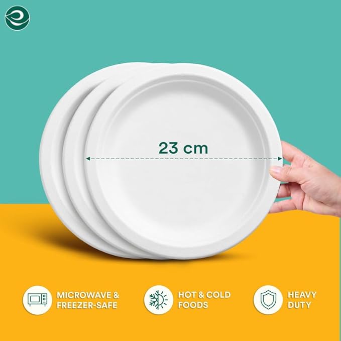 ECO SOUL Pearl White 9 Inch 200 [2x100 Pc] Paper Plates | 100% Compostable Disposable Bagasse I Heavy Duty Eco-Friendly Dinner Plates I Biodegradable Plates