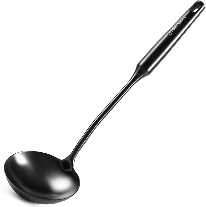 Soup Ladle - 18/10 Stainless Steel Ladle Spoon, 13.8" Soup Spoons [ Integral Forming, Heat Resistance] Resilient Kitchen Metal Ladel for Cooking, Serving, Stirring, Canning，Sauce, Wok & Soup，Black