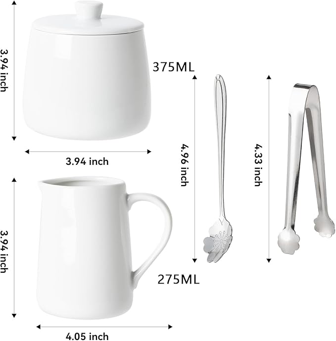 Sugar and Creamer Set, 4 Piece with Creamer Pitcher, Sugar Bowl with Lid and Spoon, Sugar Cube Tongs, for Coffee Accessories, Ceramic Coffee Serving Set
