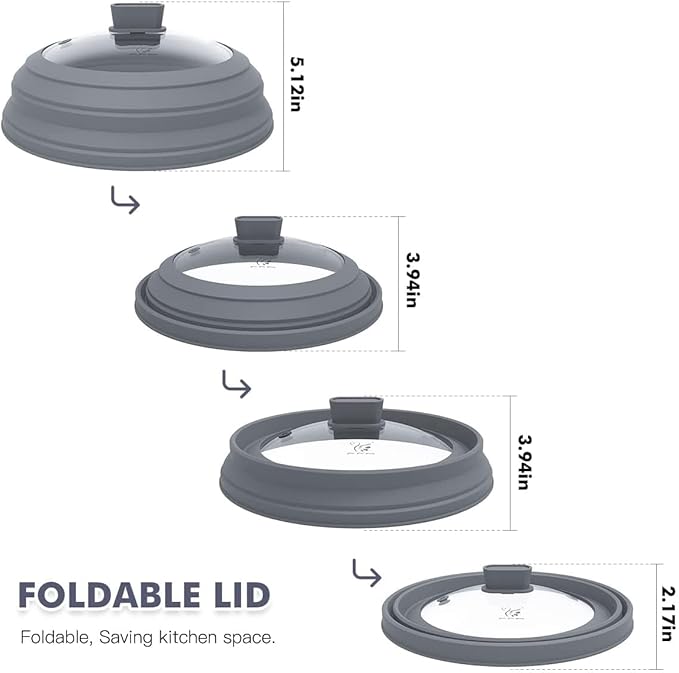 Microwave Splatter Cover Glass Cover Guard Lid with Collapsible Silicone for Food Pot Plate Cover 9.8 inch Light Grey