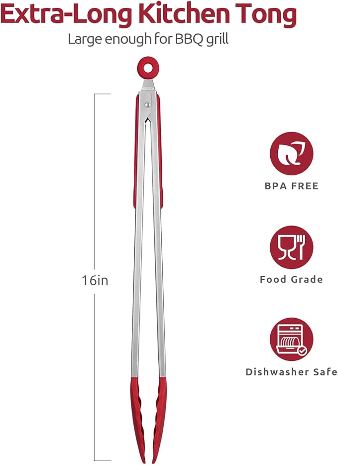600ºF Heat Resistant Kitchen Tongs: U-Taste 16 inch Extra Long Large Silicone Cooking Tong with Sturdy Non Stick Rubber Tips & Non Slip Silicon Coated 18/8 Stainless Steel Handle for Grilling BBQ(Red)