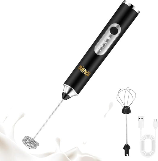 DSP Handheld Milk Frother Rechargeable, Electric Whisk for Coffee, 2 Stirring Rods 3 Speed Adjustable, Low Noise Drink Whisk for Lattes, Matcha, Hot Chocolate, Egg (Midnight Black)