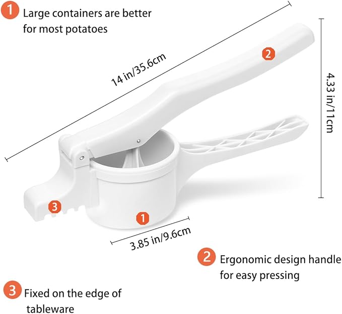Potato Ricer and Masher with 3 Interchangeable Discs, Stainless Steel Discs, Large Capacity Potato Masher Kitchen Tool Labor-saving Handle Great for Baby Food and juices