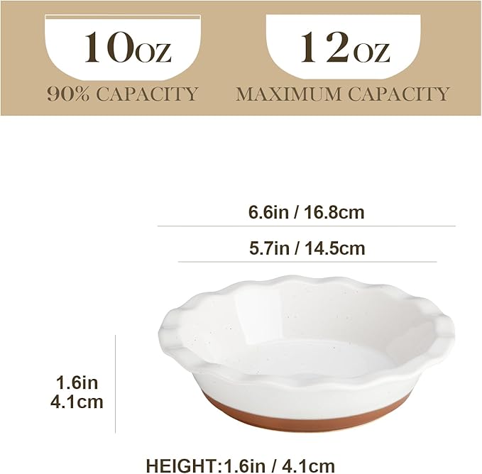 MALACASA Ceramic Mini Pie Pans Set of 6, 6 Inch Pie Plates for Baking with Ruffled Edge, Small Quiche Baking Dish Pans Tart Pans, Individual Pot Pie Plates, Microwave & Oven Safe, Khaki White
