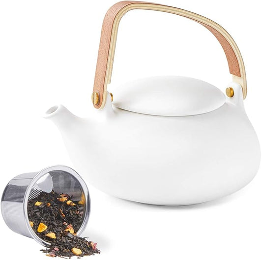 ZENS Teapot with Infuser, Ceramic Japanese 2cup Teapot for Loose Leaf Tea, 800ml Small Matte White Porcelain Tea Pot Gift with Modern Bentwood Handle