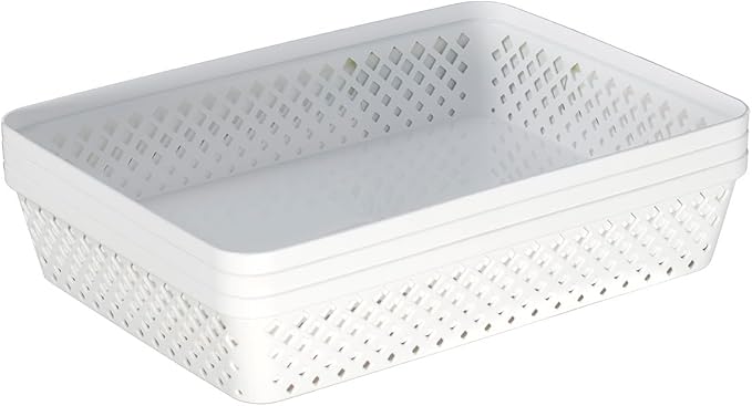 Glad Plastic Storage Basket Set - Multipurpose Drawer Trays, Kitchen Pantry Containers, and Bathroom Bins - 3 Pack Large Organizers, White