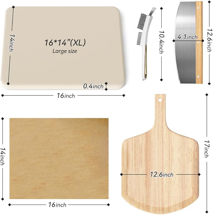 5 PCS Rectangle Pizza Stone Set, 16"Large Pizza Stone for Oven and Grill with Pizza Peel(OAK), Pizza Stone Brush,Pizza Cutter & 10pcs Cooking Paper for Free, Baking Stone for Pizza, Bread,BBQ