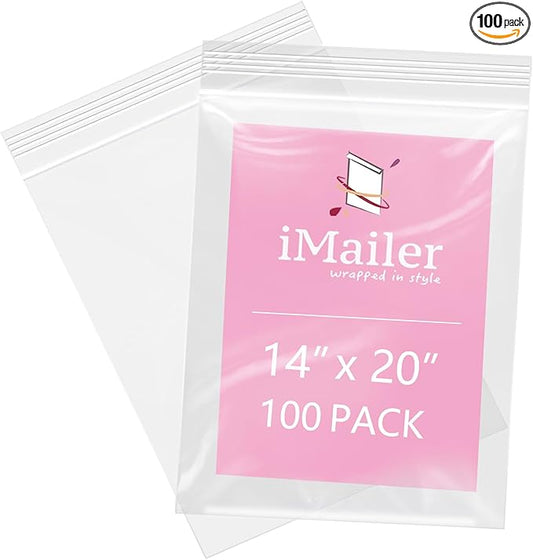 iMailer - 100 Pcs- 14" x 20" Large Zip Bags for Storage - Reclosable Plastic Zip Poly Bags for Clothing, T-Shirts, Pants