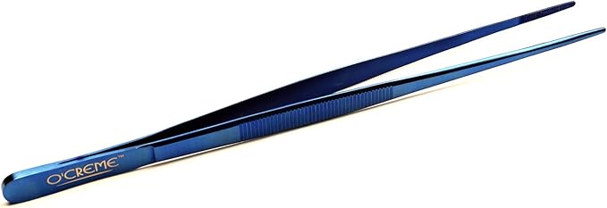O'Creme Stainless Steel Precision Kitchen Tweezer Tongs 6.25" with Fine Tip (Blue)
