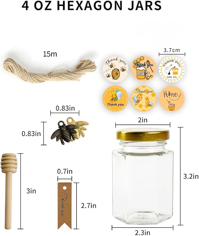12 Pack 4oz Glass Hexagon Honey Jars Golden Lids - Extra Wooden Honey Dipper Sticks, Bee Charms, Tag String, Thank You Gift Tags, Stickers (Bronze 12 Sticker)
