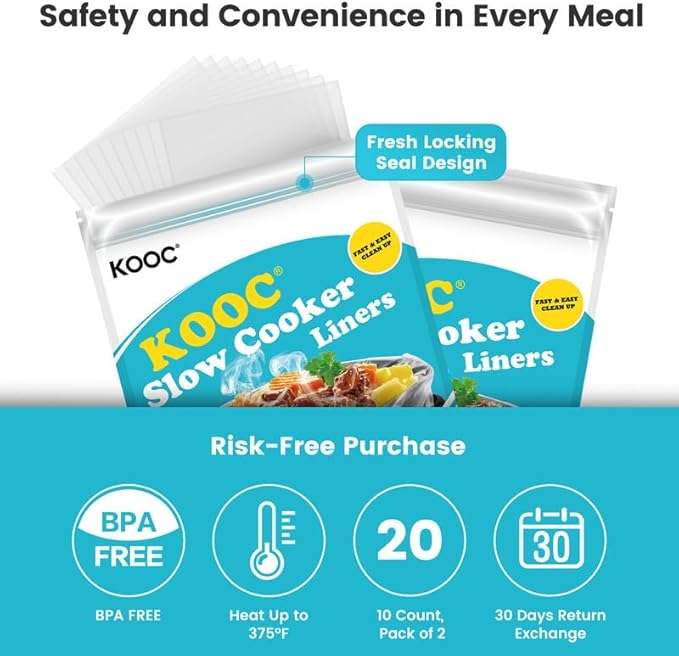 KOOC Slow Cooker Liners 10"x13" 20 count Small Size Disposable Plastic Bags Pot Liners Brunch Cooking Bags Fit 1.5 qt to 2 qt Pot BPA Free