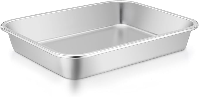 TeamFar Lasagna Pan, 10.6 x 8.3 x 1.7inch Stainless Steel Rectangular Cake Brownie Pan Casserole Baking Dish, Compact for Toaster Oven, Non Toxic & Healthy, Brushed Finish & Easy Clean-Dishwasher Safe