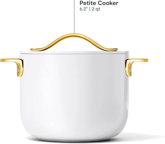 Caraway Petite Cooker - 2 Qt Ceramic Coated Pot - Free From Forever Chemicals - Perfect for Rice, Grains, or Sauces - White