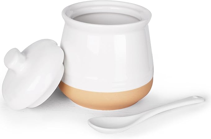 LEETOYI Sugar Bowl with Lid and Spoon, 12 oz Ceramic Sugar jar, Sugar Container for Coffee Bar, Sugar Dispenser Bowl, Microwave & Dishwasher Safe, White